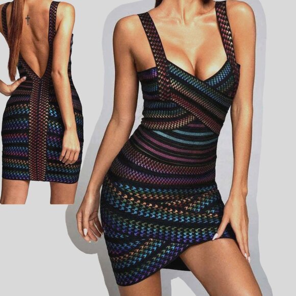 Bella Barnett Bodycon Mini Dress Multicolor Deep V-Back Sleeveless Women Size M - Picture 1 of 12